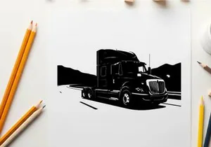 Silhouette of a semi truck on the road with mountains