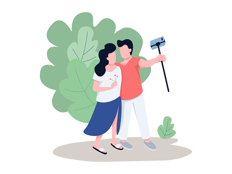 Romantic couple taking selfie flat color vector faceless characters