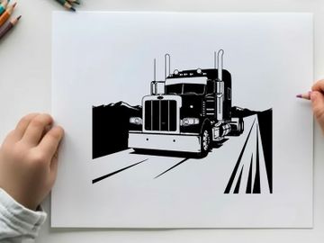 Semi truck silhouette driving down a highway with mountains preview picture