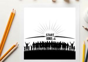Silhouette of people at starting line with sunrise and text