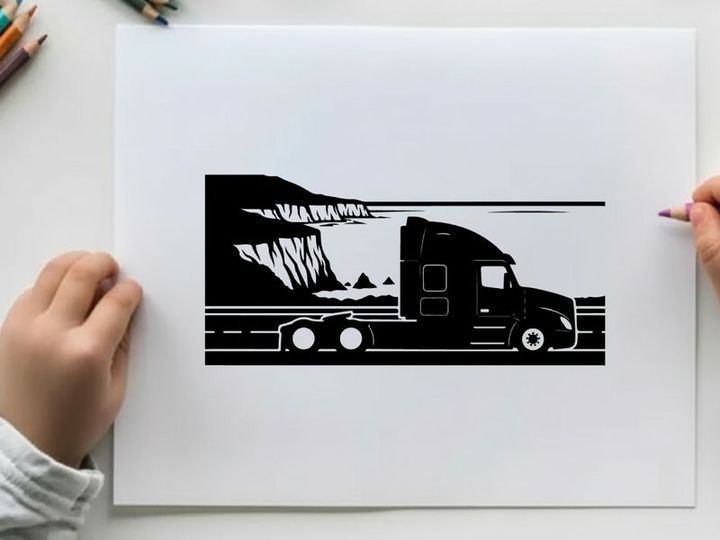 Truck silhouette driving on the highway at sunset silhouette