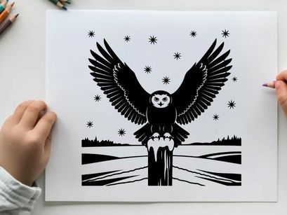 Silhouette of an owl perched on a post under starry night sky