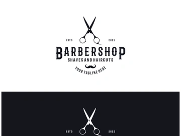 Barbershop logo vintage, retro, haircut, shaving, with scissors, shaving pole, comb, razor. for business, emblems, labels, barber shops, badges. preview picture