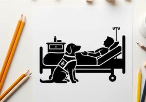 Silhouette of a service dog visiting a patient in hospital bed