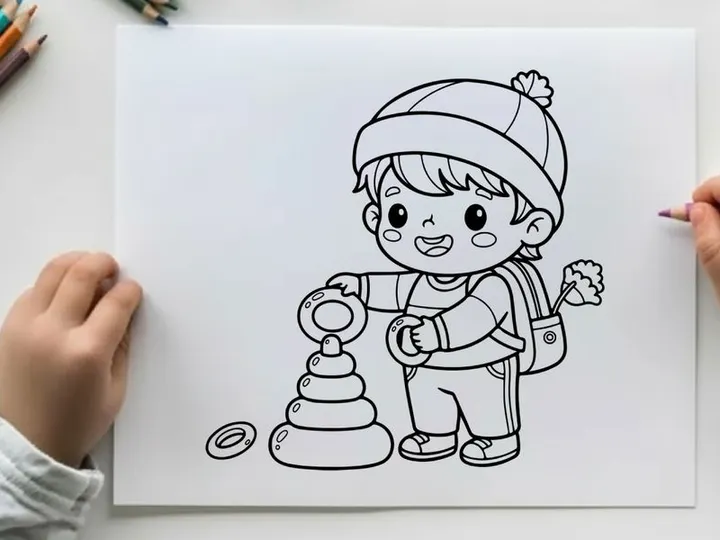 Cute boy playing with toy blocks vector illustration