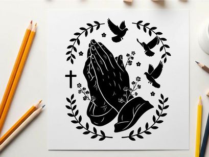 Praying hands silhouette with cross and doves