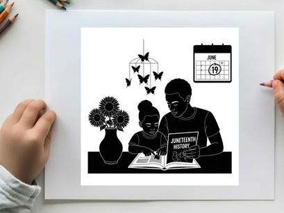 Juneteenth history book silhouette of man and woman reading together