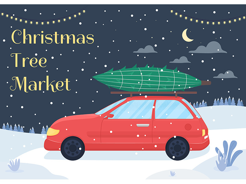 Christmas tree market poster flat vector template