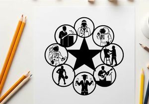 Silhouette of musicians in various performance roles around a star