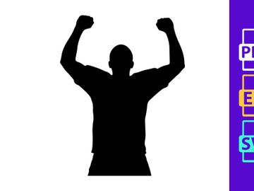 A triumphant man standing with arms raised in victory and celebration preview picture