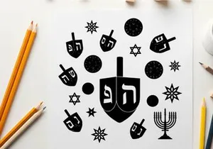 Hanukkah symbols including dreidels menorah and star of david silhouette