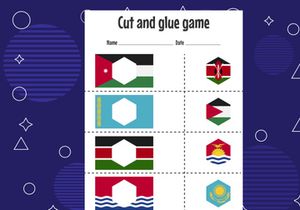 12 Pages Cut and glue game for kids with country flag. Cutting practice for preschoolers. Education paper game for children