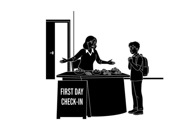 Silhouette of a woman and boy at a first day check in table silhouette