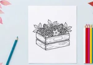 Hand-drawn wooden gift box overflowing with festive Christmas tree shavings and curls