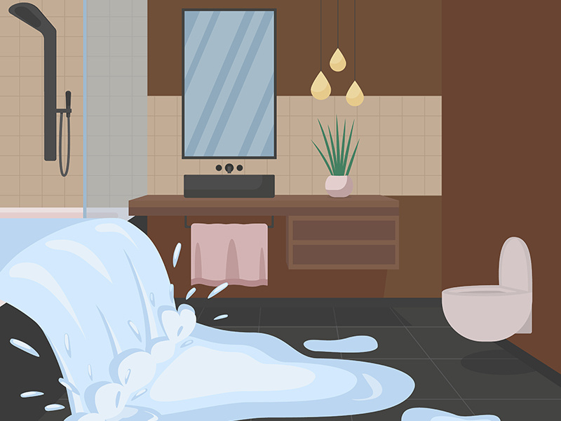 Bathroom flooding with water flat color vector illustration