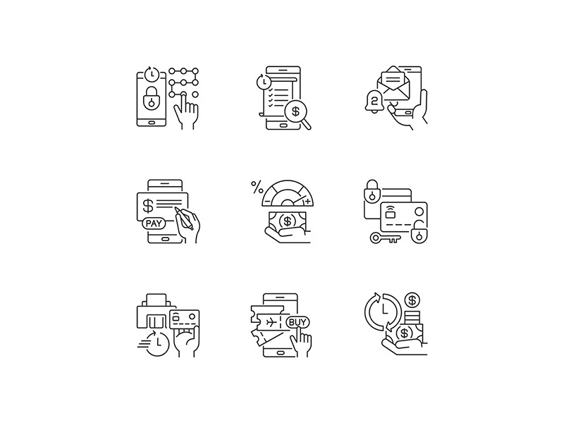 Mobile banking service linear icons set