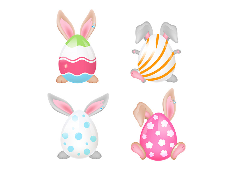 Cute bunnies behind Easter eggs cartoon characters set