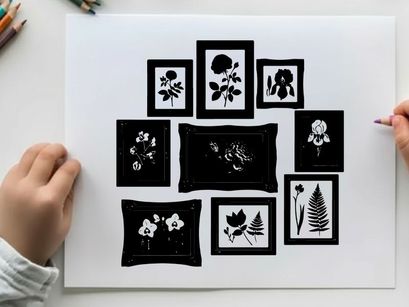 Collection of framed botanical silhouette artworks on white background