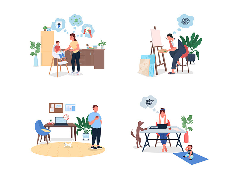 Stressed remote worker flat color vector faceless and detailed character set