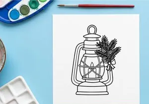 Christmas lantern line art illustration with pine branches and a festive bow decoration