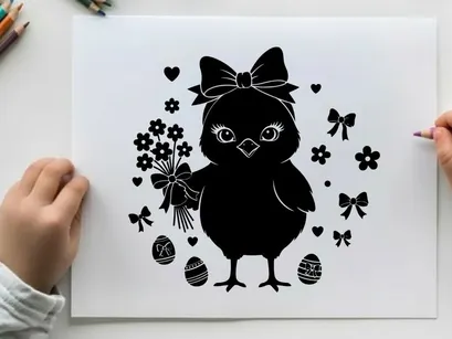 Adorable easter chick in silhouette with floral decorations