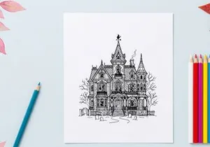 Geister-Viktorianische Villa-Illustration. Gruselige gotische Hauszeichnung für Halloween-Design.