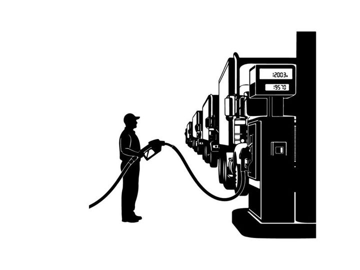 Silhouette of a man refueling a semi truck at a gas station
