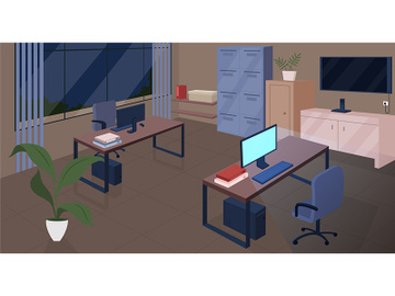 Open space office at night flat color vector illustration preview picture