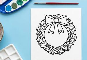 Christmas wreath line art illustration with a decorative bow for holiday coloring pages.