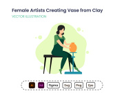 Female artists creating ceramic vase from clay