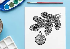 Christmas tree branch with hanging decorative bauble ornament sketch illustration