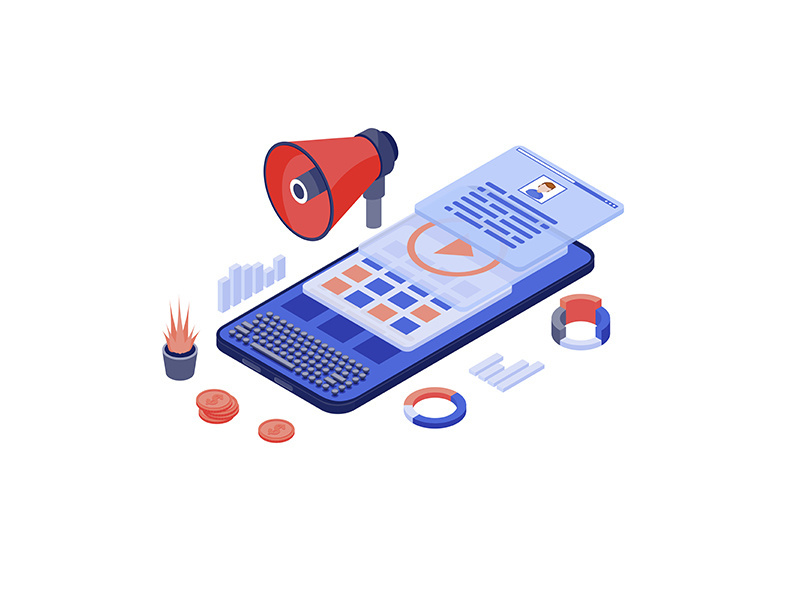Mobile marketing, advertising content isometric vector illustration