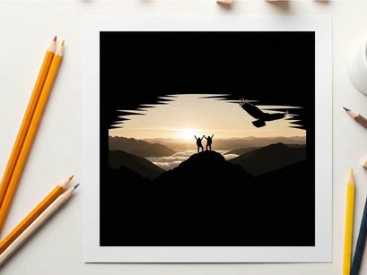 Silhouette of people and airplane at sunset on a mountain
