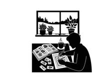 Silhouette of a person reading newspaper by the window with plants
