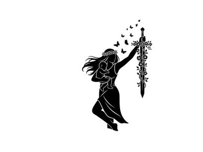 Silhouette of a woman holding a sword with flowers and butterflies