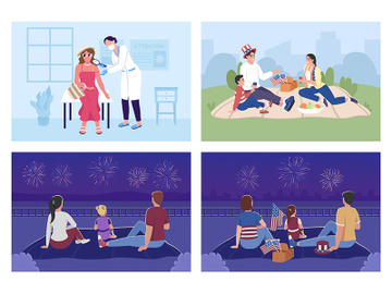 Family outdoor celebration and sun protection flat color vector illustration set preview picture