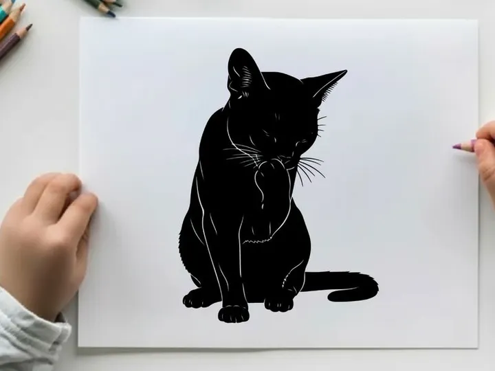 Silhouette of a black cat sitting and looking down