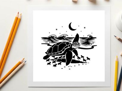 Silhouette of a sea turtle swimming under a crescent moon