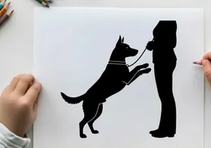 Silhouette of a dog on its hind legs interacting with a person