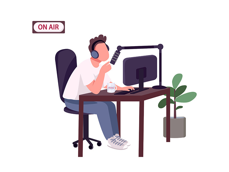 Online podcast host flat color vector faceless character