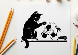 Mischievous cat silhouette causing chaos with falling objects