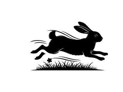 Silhouette of a running rabbit in the grass field silhouette