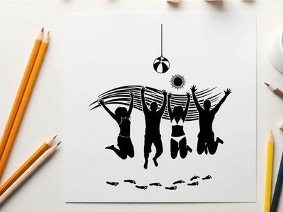 Silhouette of people jumping with disco ball silhouette