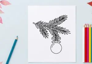Christmas tree branch with hanging bauble ornament, hand drawn festive line art illustration.