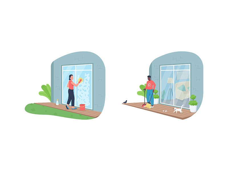 Outdoor house cleaning flat color vector faceless character set