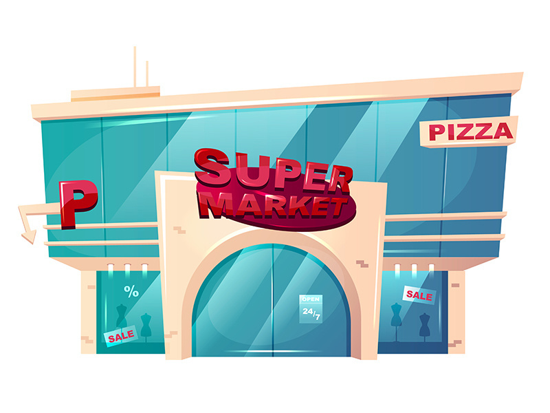 Supermarket front cartoon vector illustration