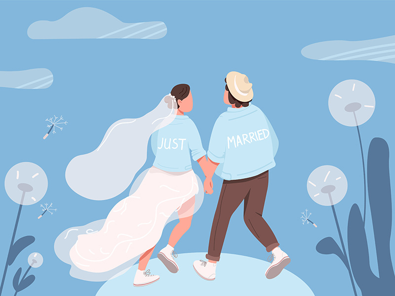 Just married happy couple flat color vector illustration