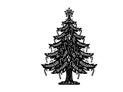 Ilustração de árvore de Natal em preto e branco com bastões de doces e enfeite em estrela