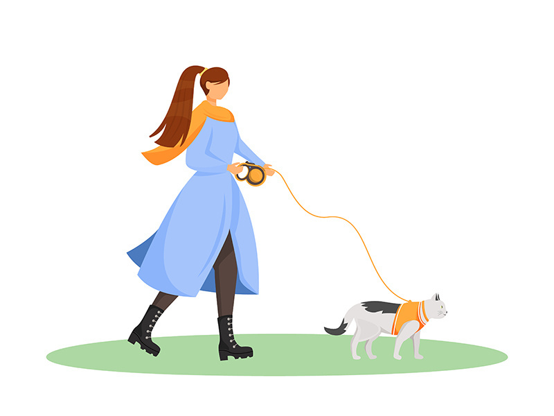 Woman walk cat flat color vector faceless character