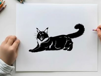 Black cat silhouette in a relaxed pose with tail curled up